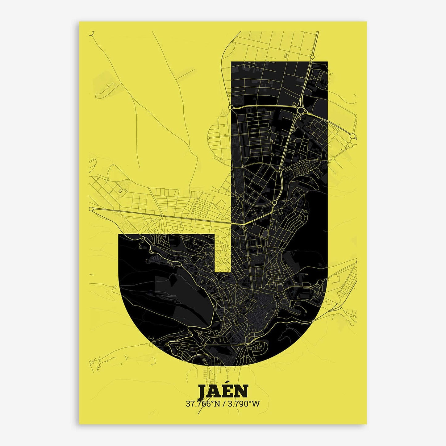 The map of Jaen composed with letters in a heavy geometric font printed on black and yellow