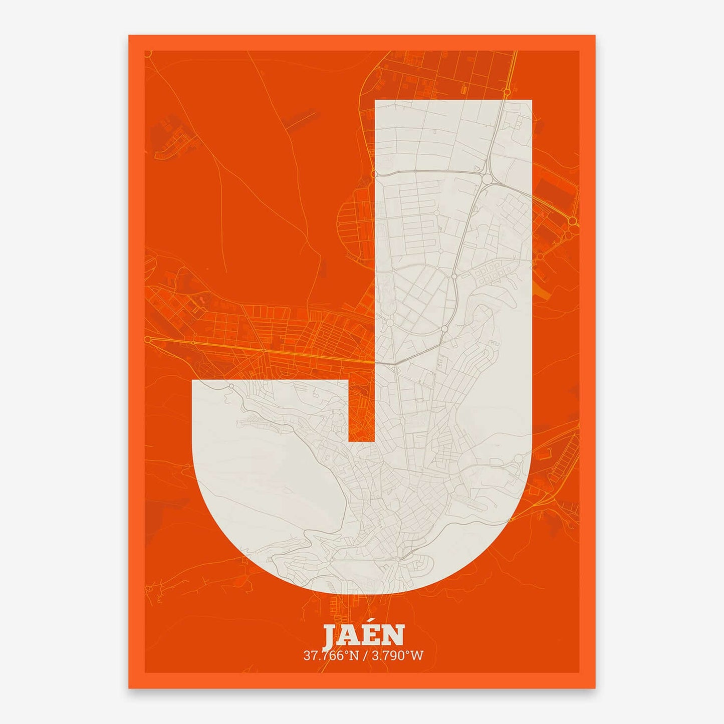 The map of Jaen composed with letters in a heavy geometric font printed on orange and an off-white background