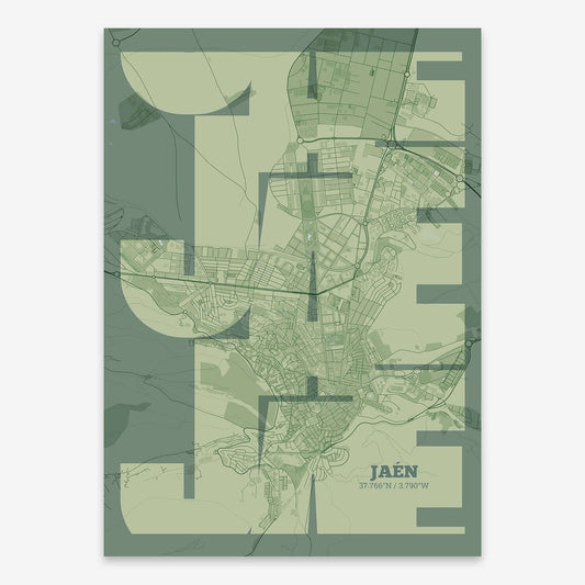 The map of Jaen composed with letters from its name or IATA code printed on two green tones
