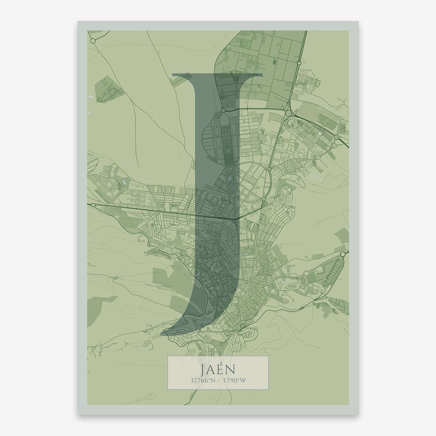 The map of Jaen composed with letters in serif font printed on two green tones