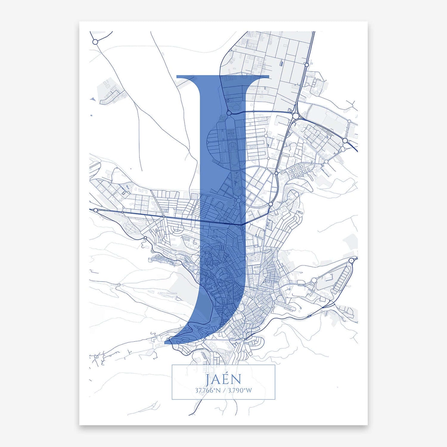 The map of Jaen composed with letters in serif font printed on navy blue and white