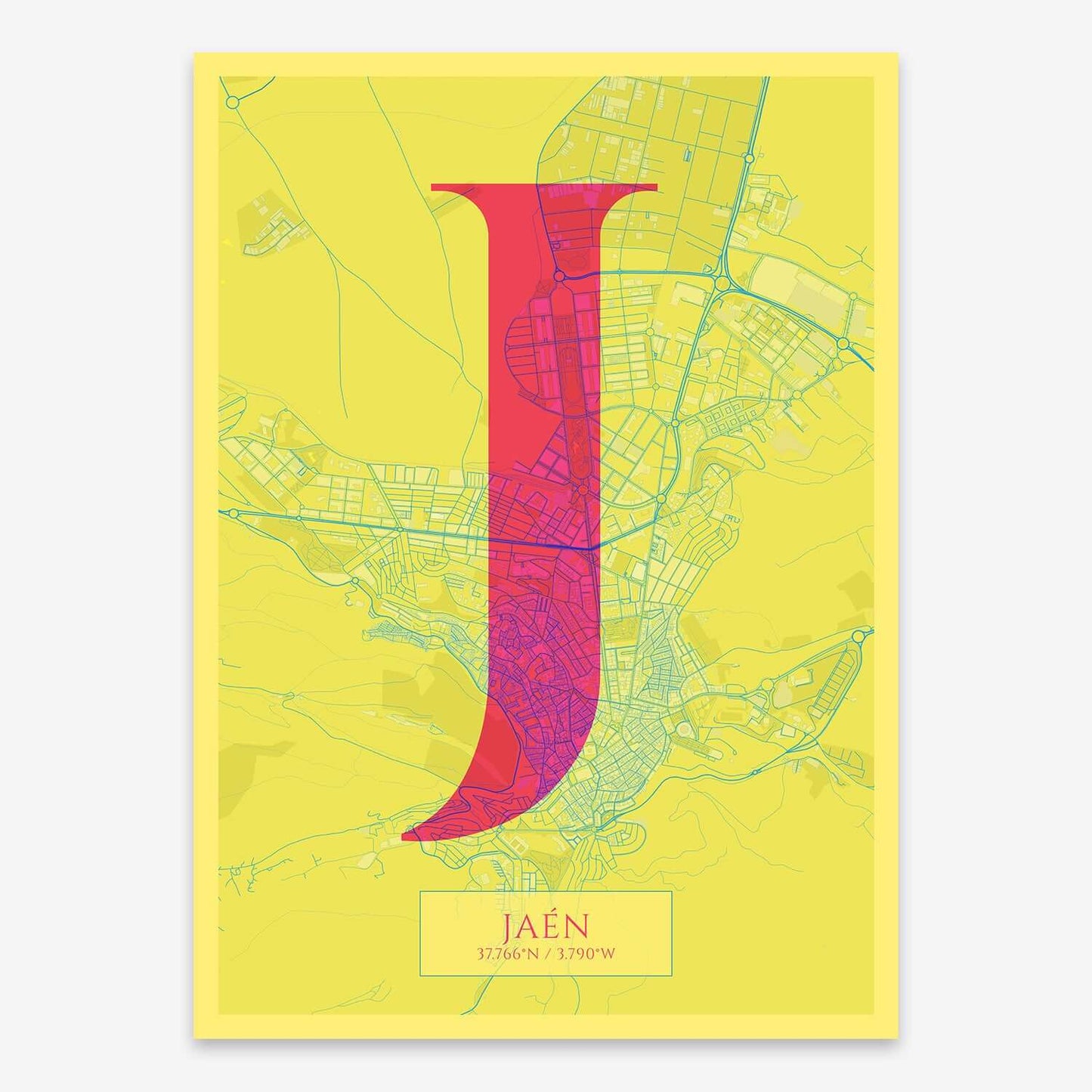 The map of Jaen composed with letters in serif font printed on yellow and fuchsia