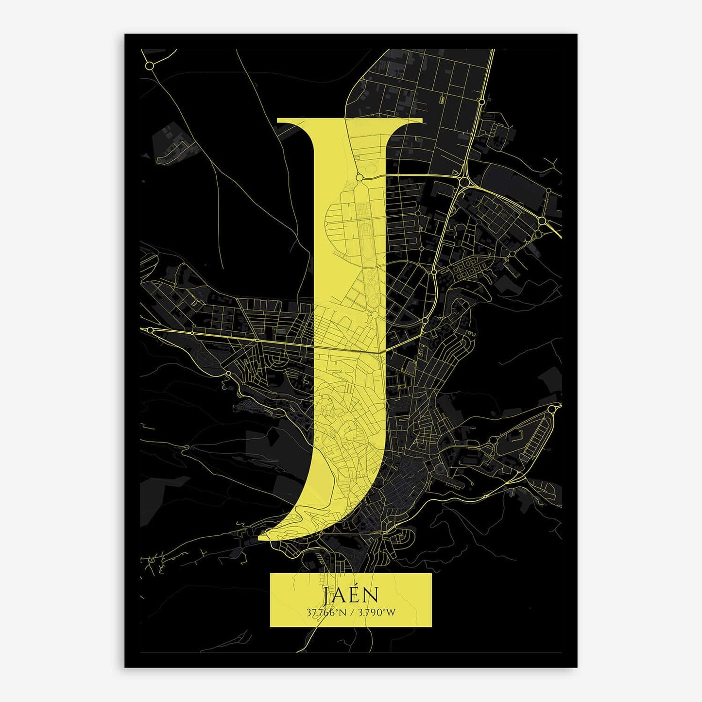 The map of Jaen composed with letters in serif font printed on black and yellow