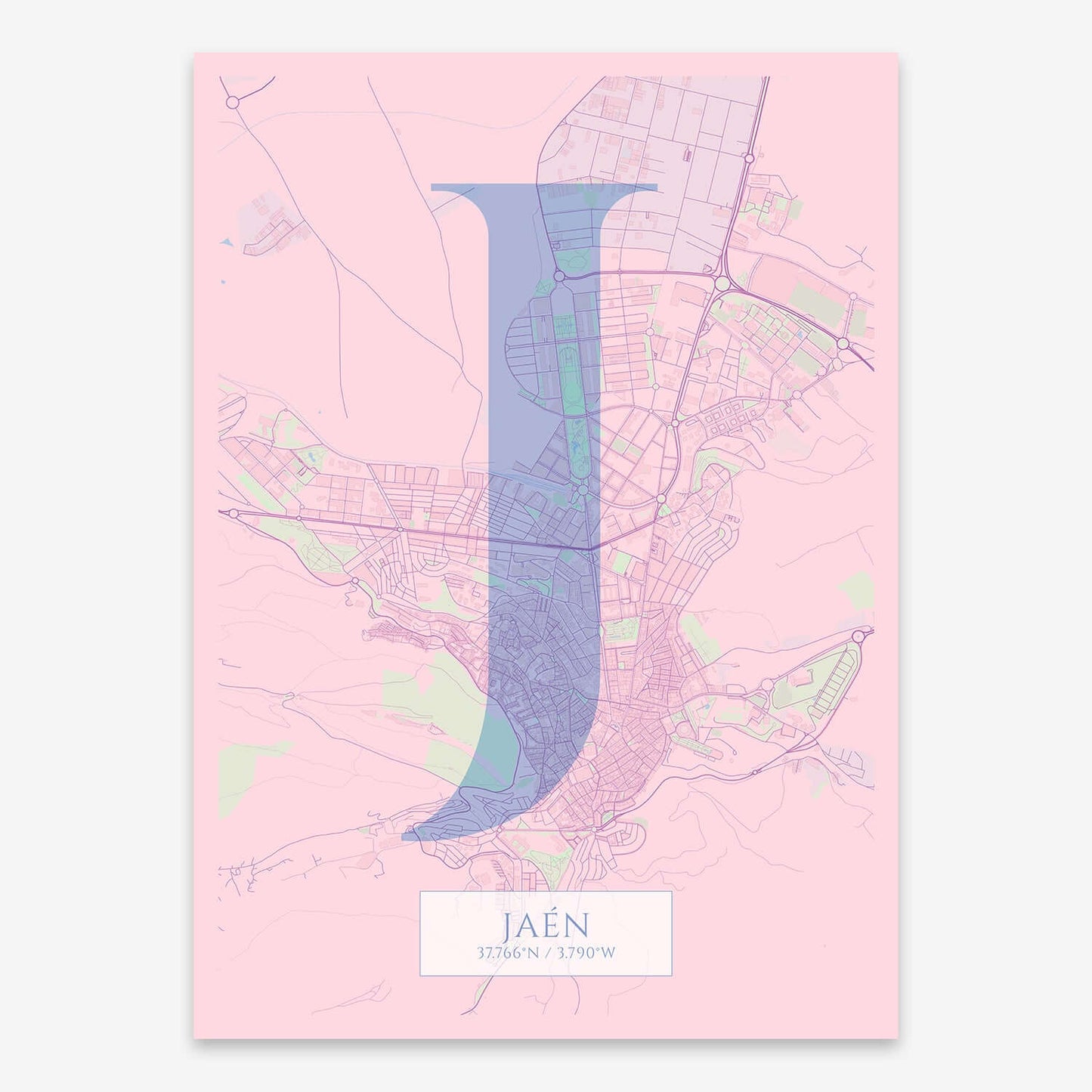 The map of Jaen composed with letters in serif font printed on pink and light blue