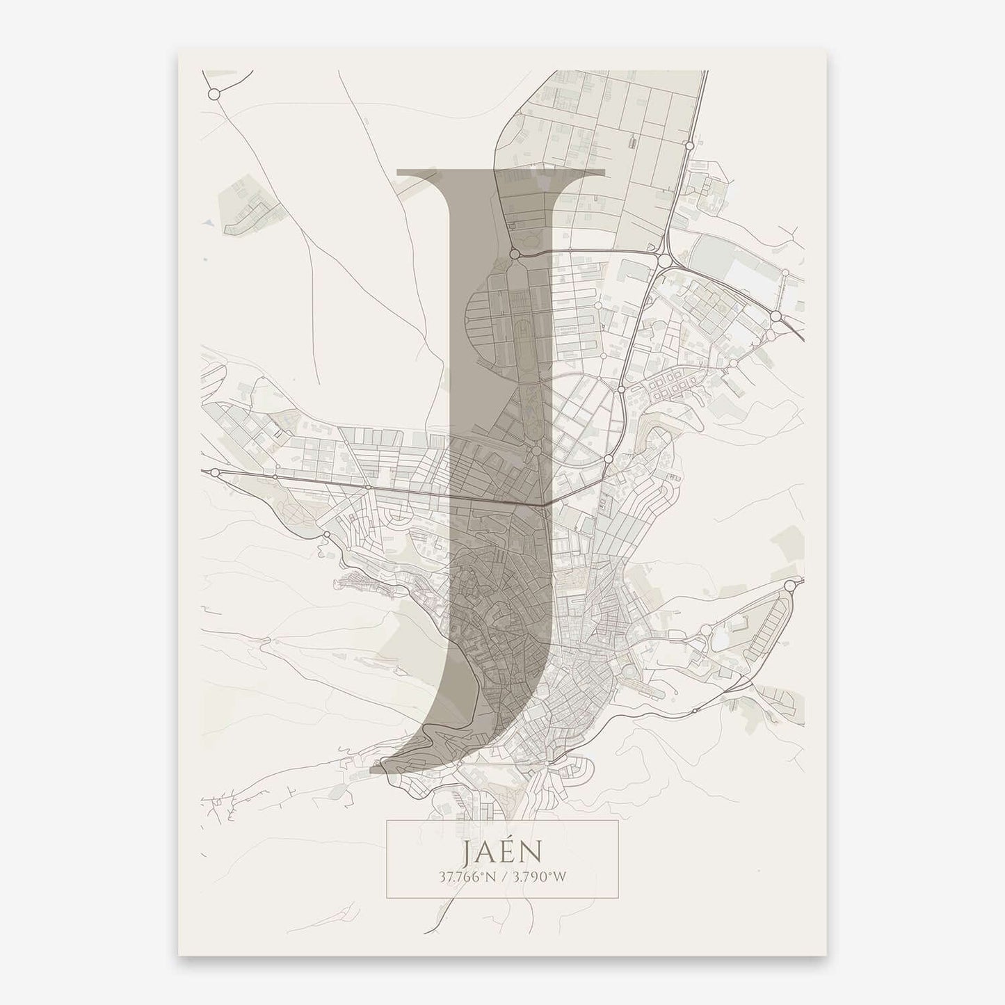 The map of Jaen composed with letters in serif font printed on light brown and an off-white background