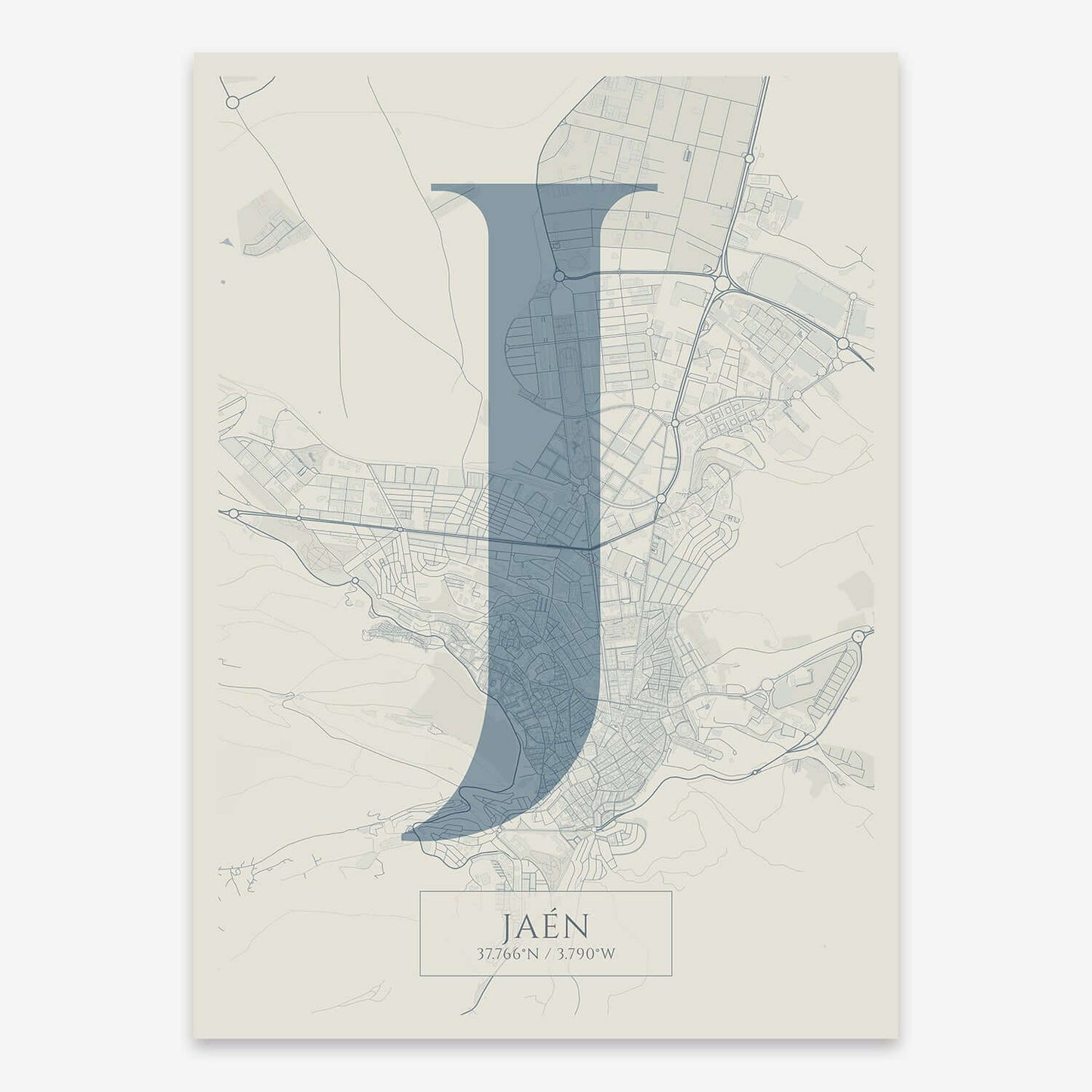 The map of Jaen composed with letters in serif font printed on bluish gray and an off-white background