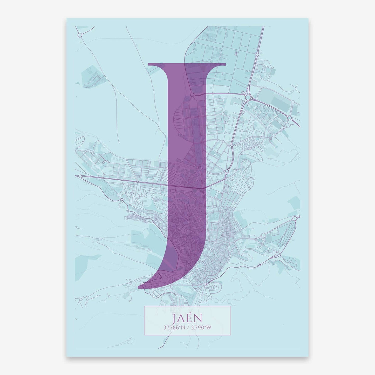 The map of Jaen composed with letters in serif font printed on purple and light blue