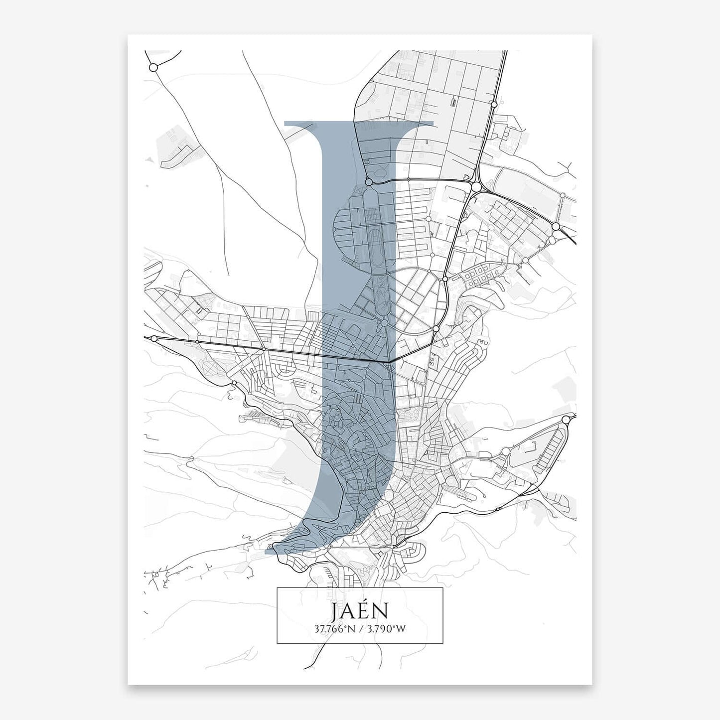 The map of Jaen composed with letters in serif font printed on black and white