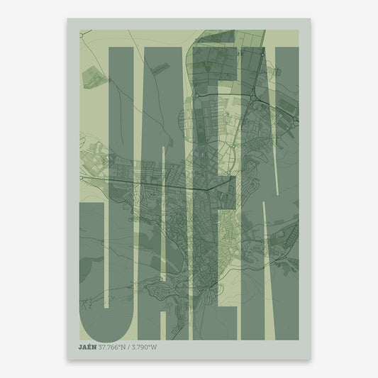 The map of Jaen and letters of its name in a giclée print designed in two green tones
