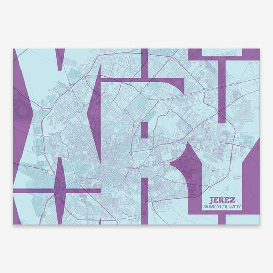 The map of Jerez composed with letters from its name or IATA code printed on purple and light blue