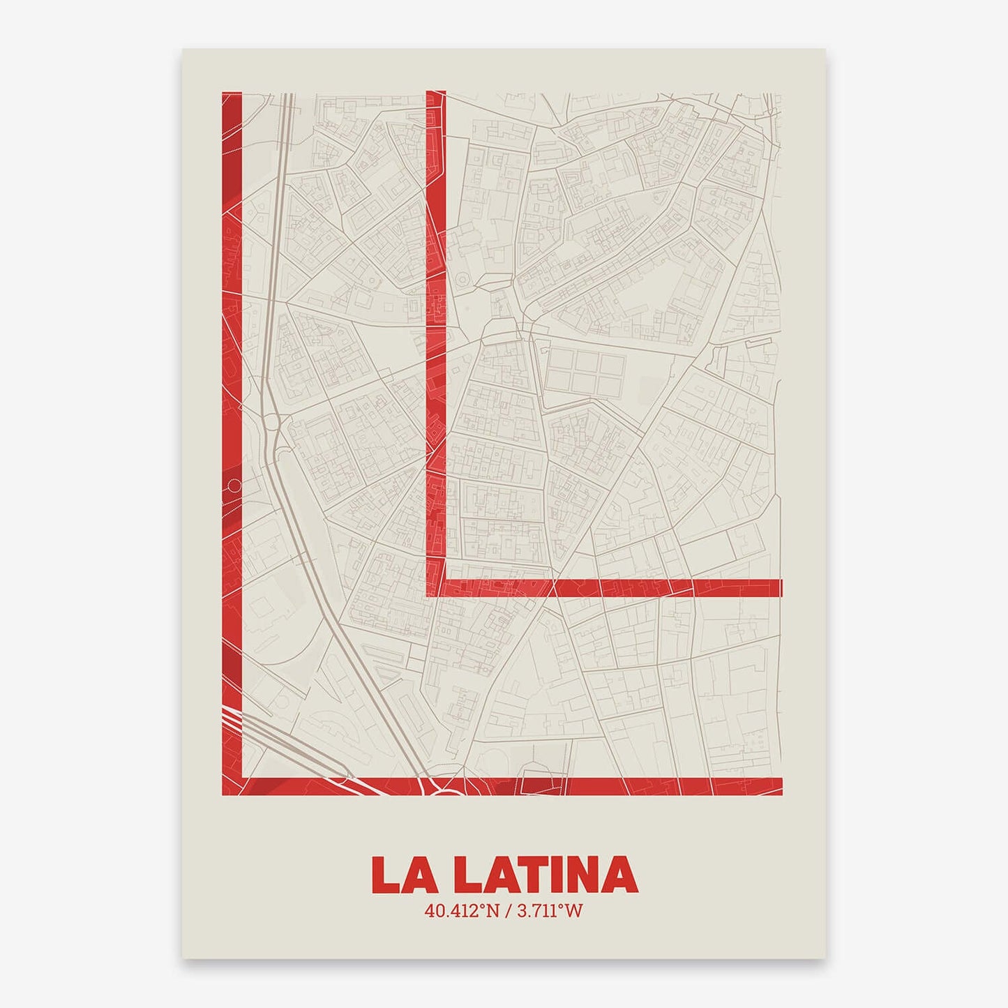 The map of La Latina composed with letters in extra light font printed on red and an off-white background