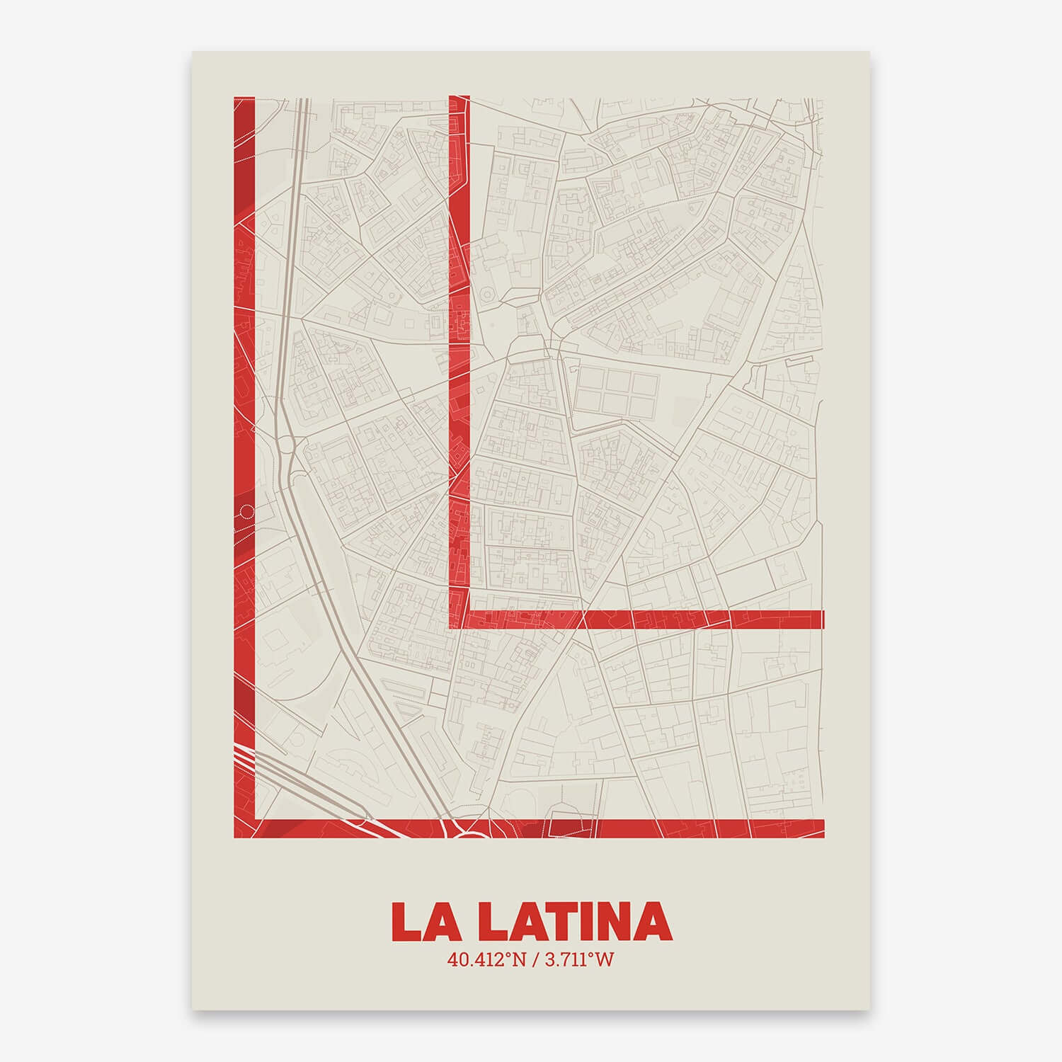 The map of La Latina composed with letters in extra light font printed on red and an off-white background