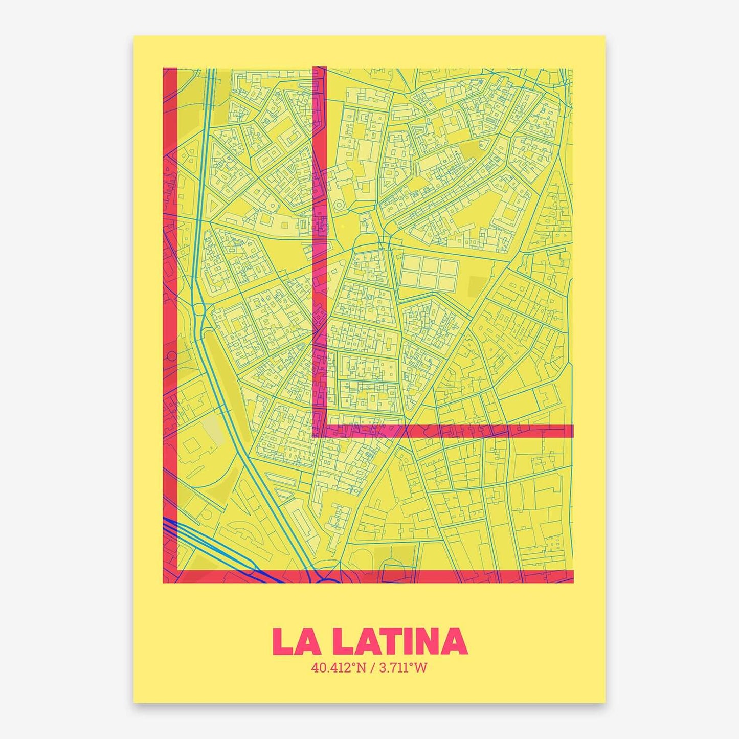 The map of La Latina composed with letters in extra light font printed on orange and an off-white background