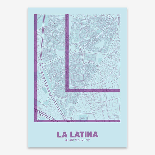 The map of La Latina composed with letters in extra light font printed on yellow and fuchsia