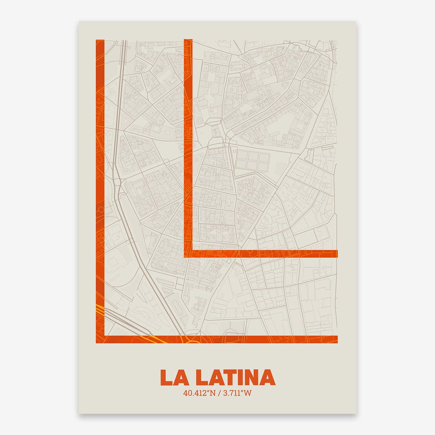 The map of La Latina composed with letters in extra light font printed on purple and light blue