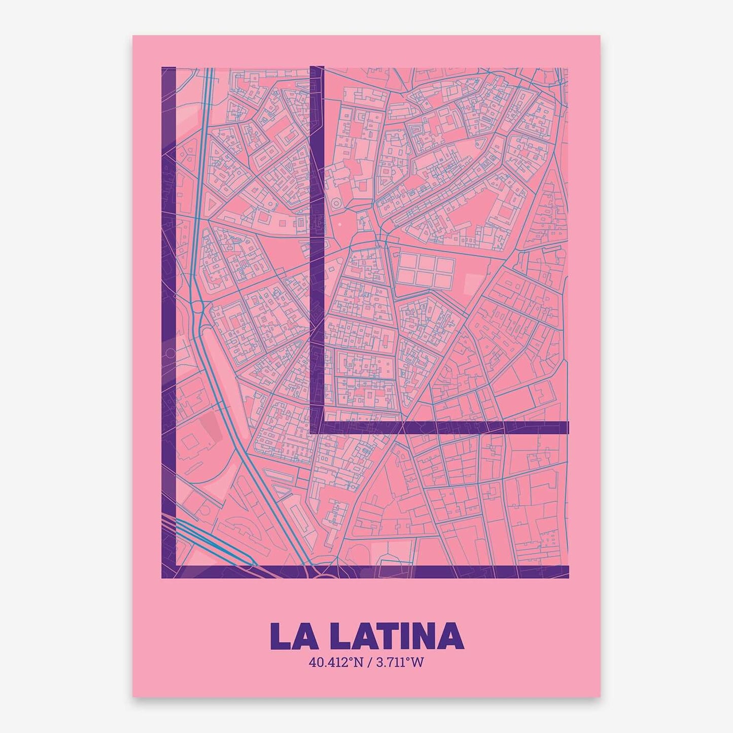The map of La Latina composed with letters in extra light font printed on violet y pink background