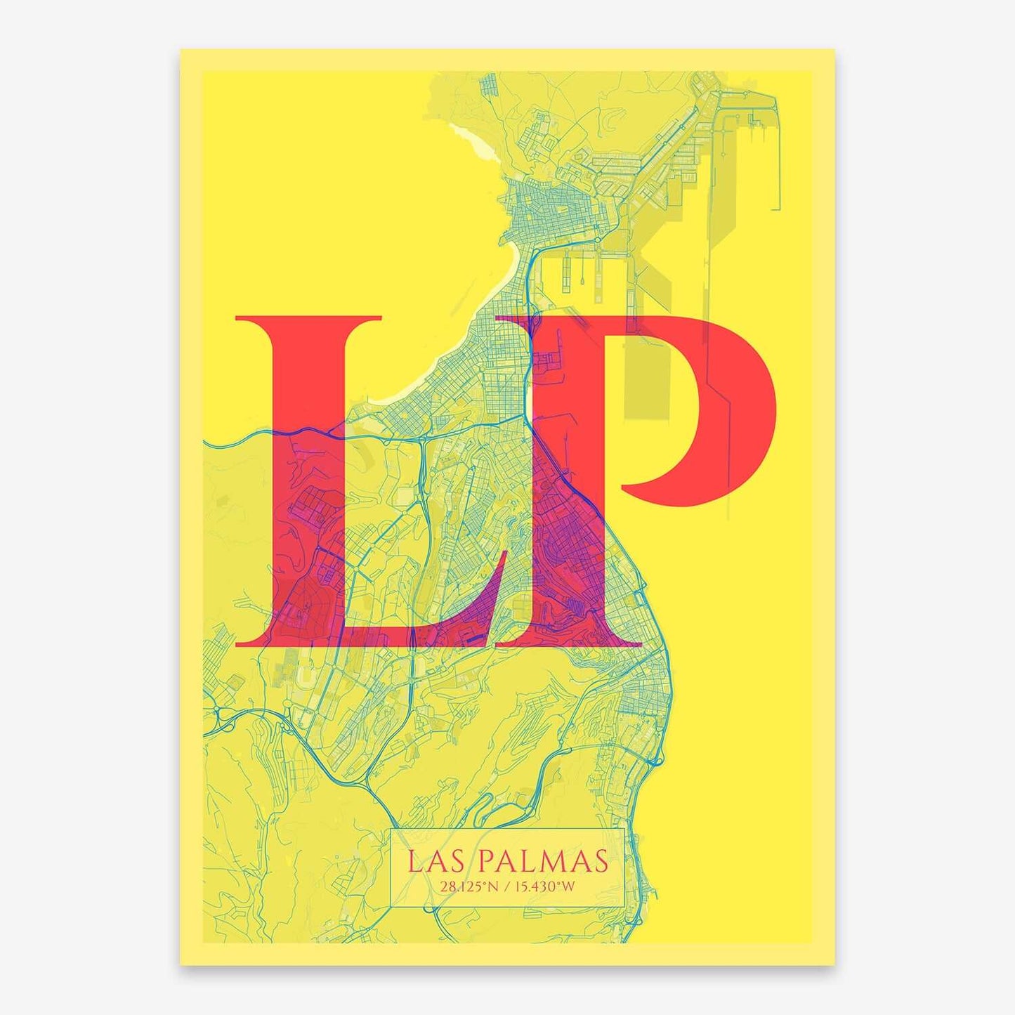 The map of Las-Palmas composed with letters in serif font printed on yellow and fuchsia