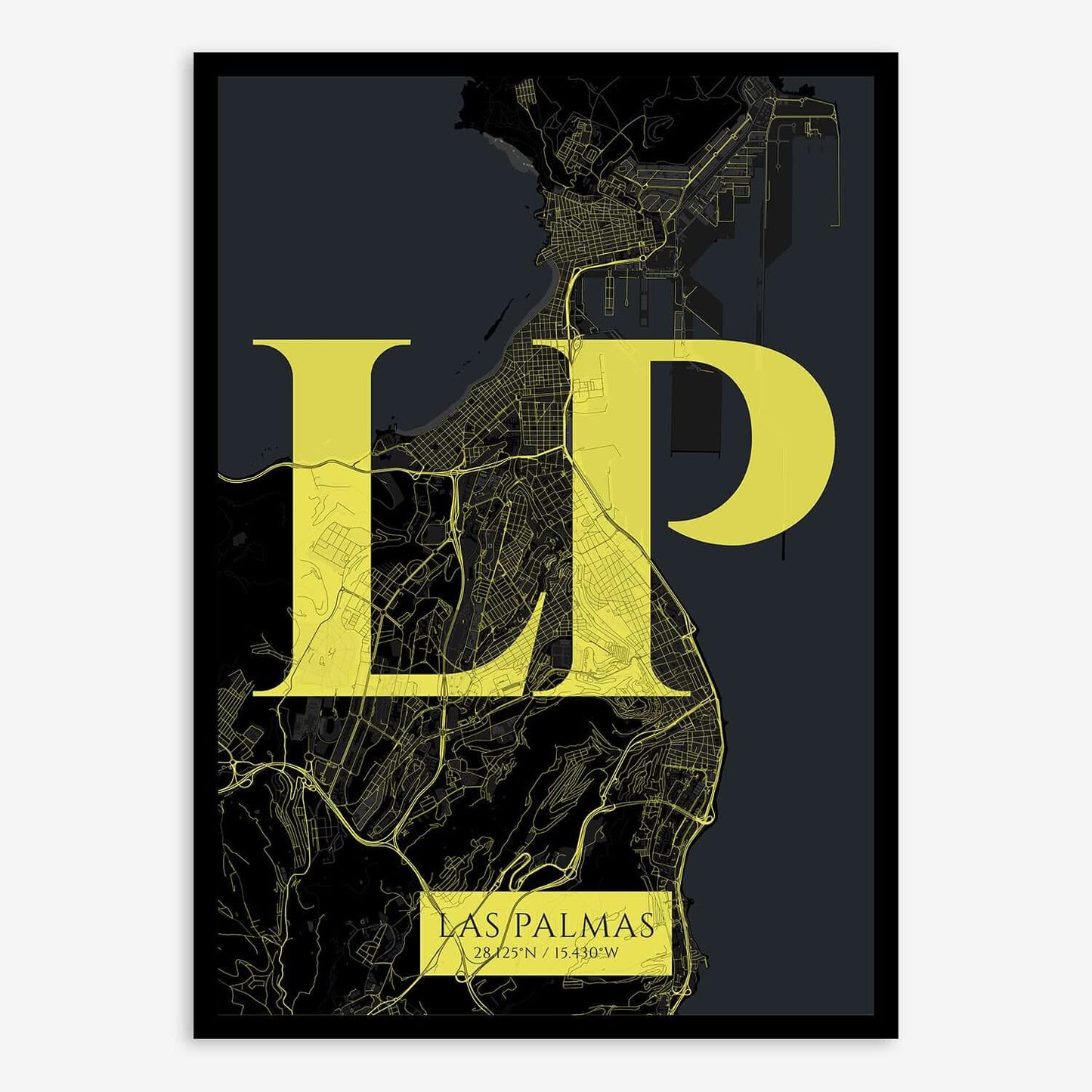 The map of Las-Palmas composed with letters in serif font printed on black and yellow