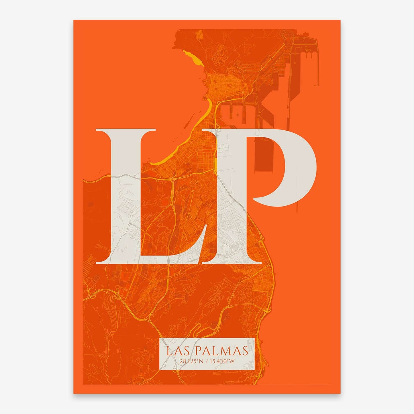 The map of Las-Palmas composed with letters in serif font printed on orange and an off-white background