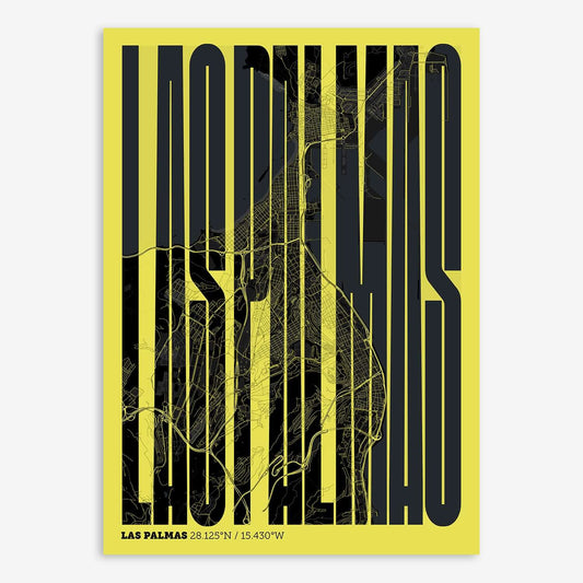 The map of Las-Palmas and letters of its name in a giclée print designed in black and yellow