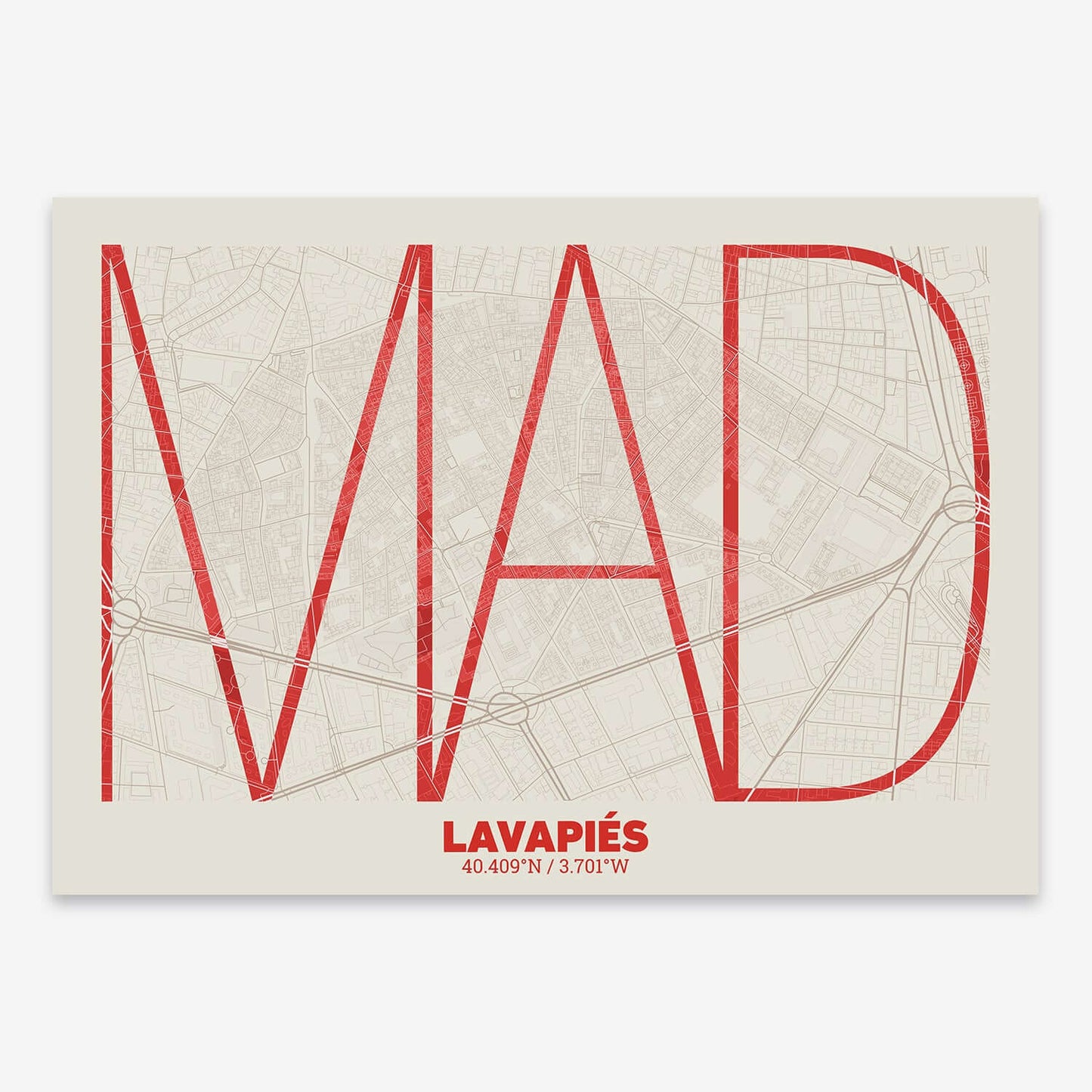 The map of Lavapies composed with letters in extra light font printed on red and an off-white background