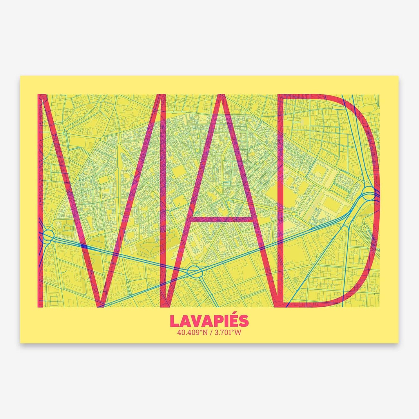The map of Lavapies composed with letters in extra light font printed on purple and light blue
