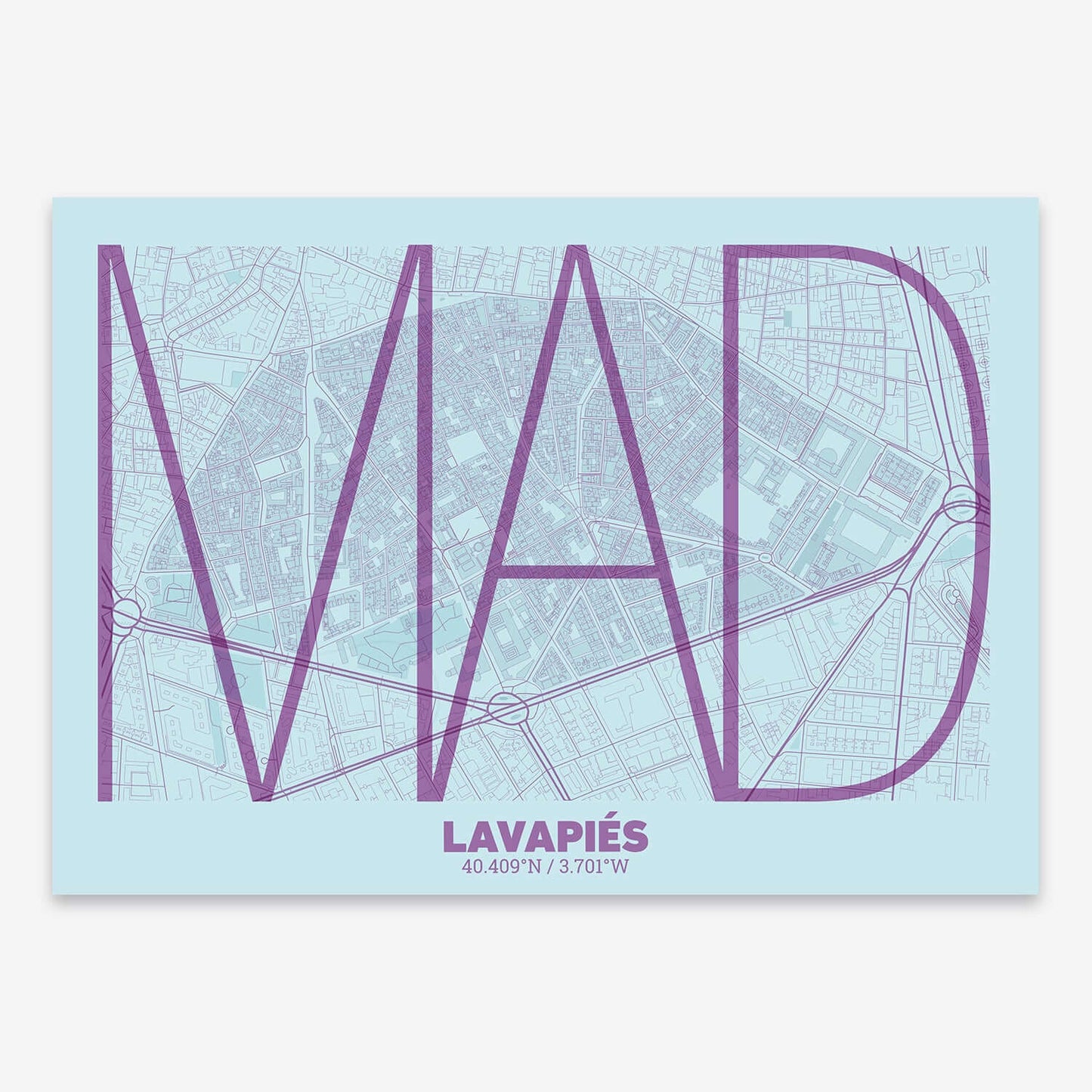 The map of Lavapies composed with letters in extra light font printed on orange and an off-white background