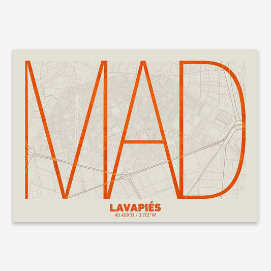 The map of Lavapies composed with letters in extra light font printed on yellow and fuchsia