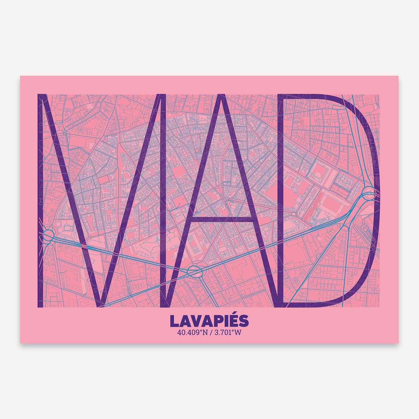 The map of Lavapies composed with letters in extra light font printed on violet y pink background