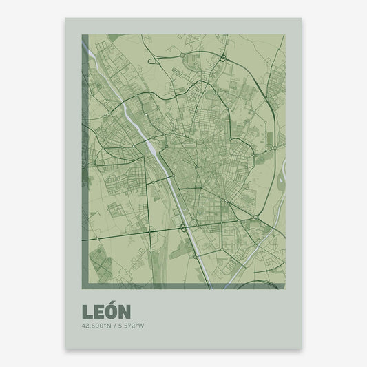 The map of Leon composed with letters in extra light font printed on two green tones