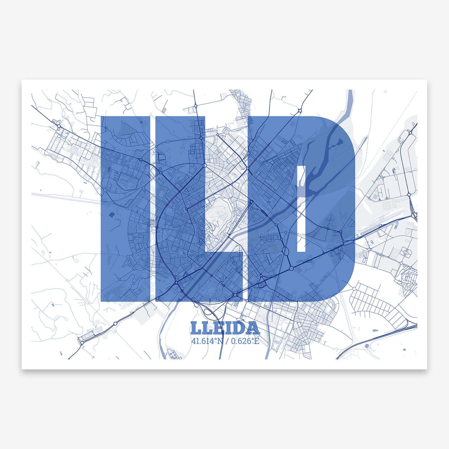 The map of Lleida composed with letters in a heavy geometric font printed on navy blue and white