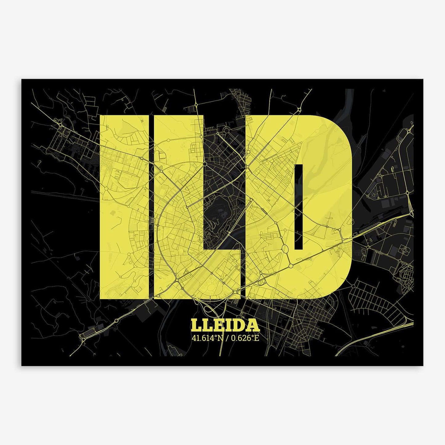 The map of Lleida composed with letters in a heavy geometric font printed on black and yellow