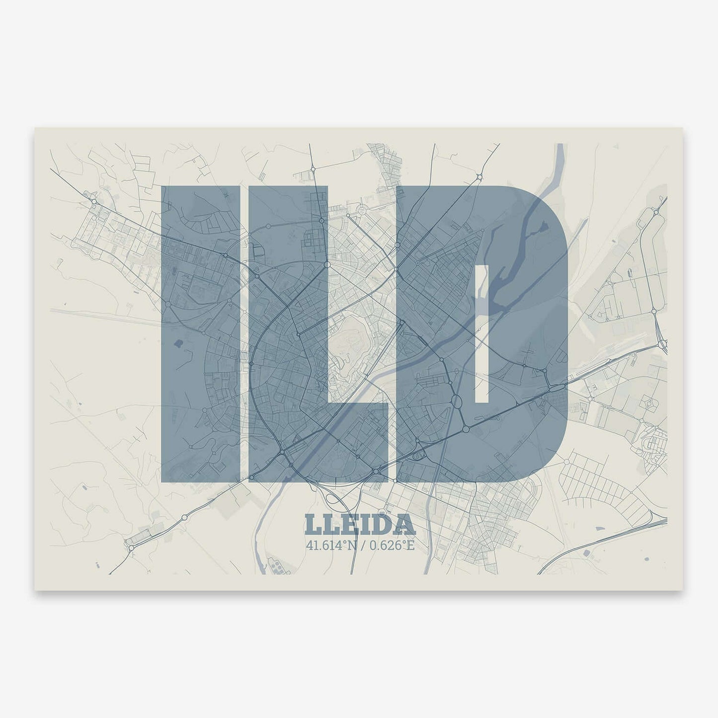The map of Lleida composed with letters in a heavy geometric font printed on bluish gray and an off-white background