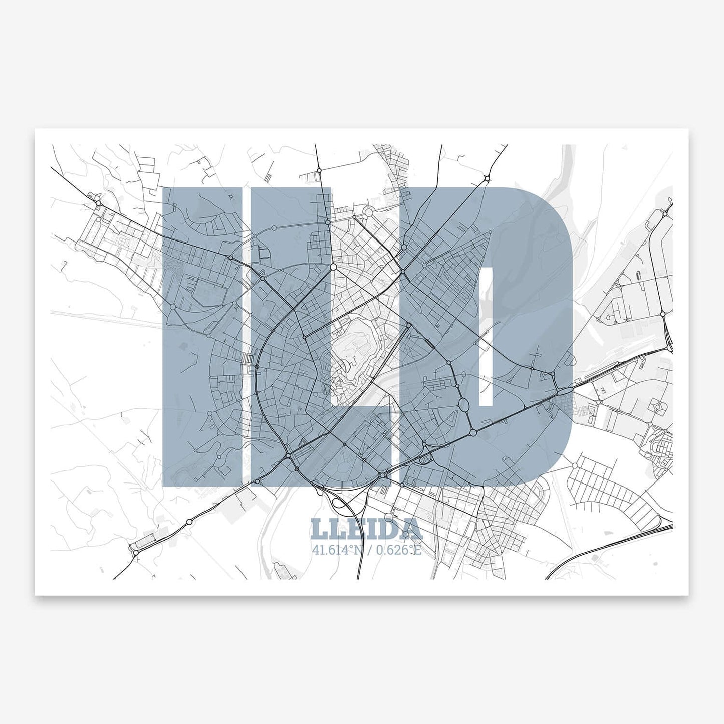 The map of Lleida composed with letters in a heavy geometric font printed on black and white