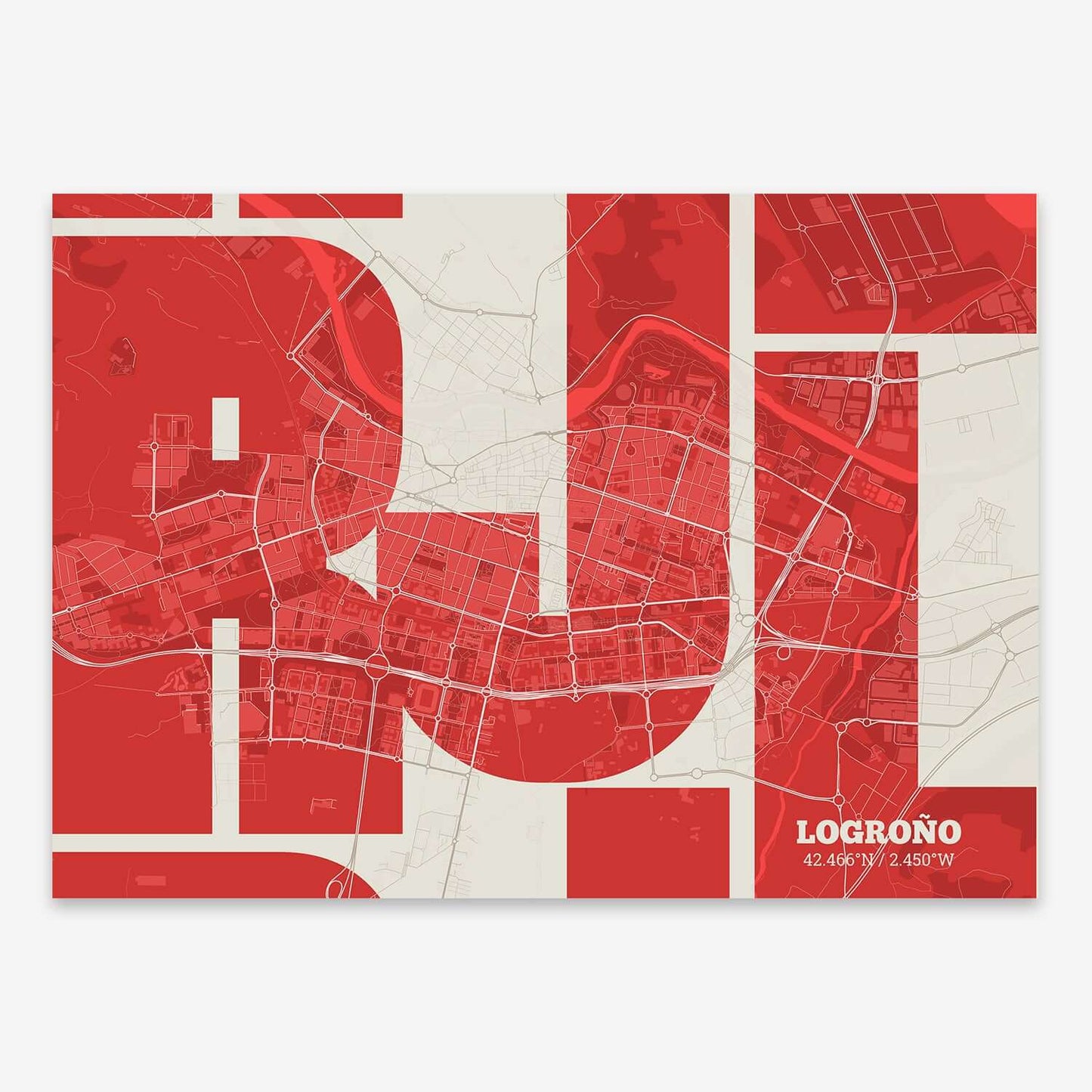 The map of Logrono composed with letters from its name or IATA code printed on red and an off-white background