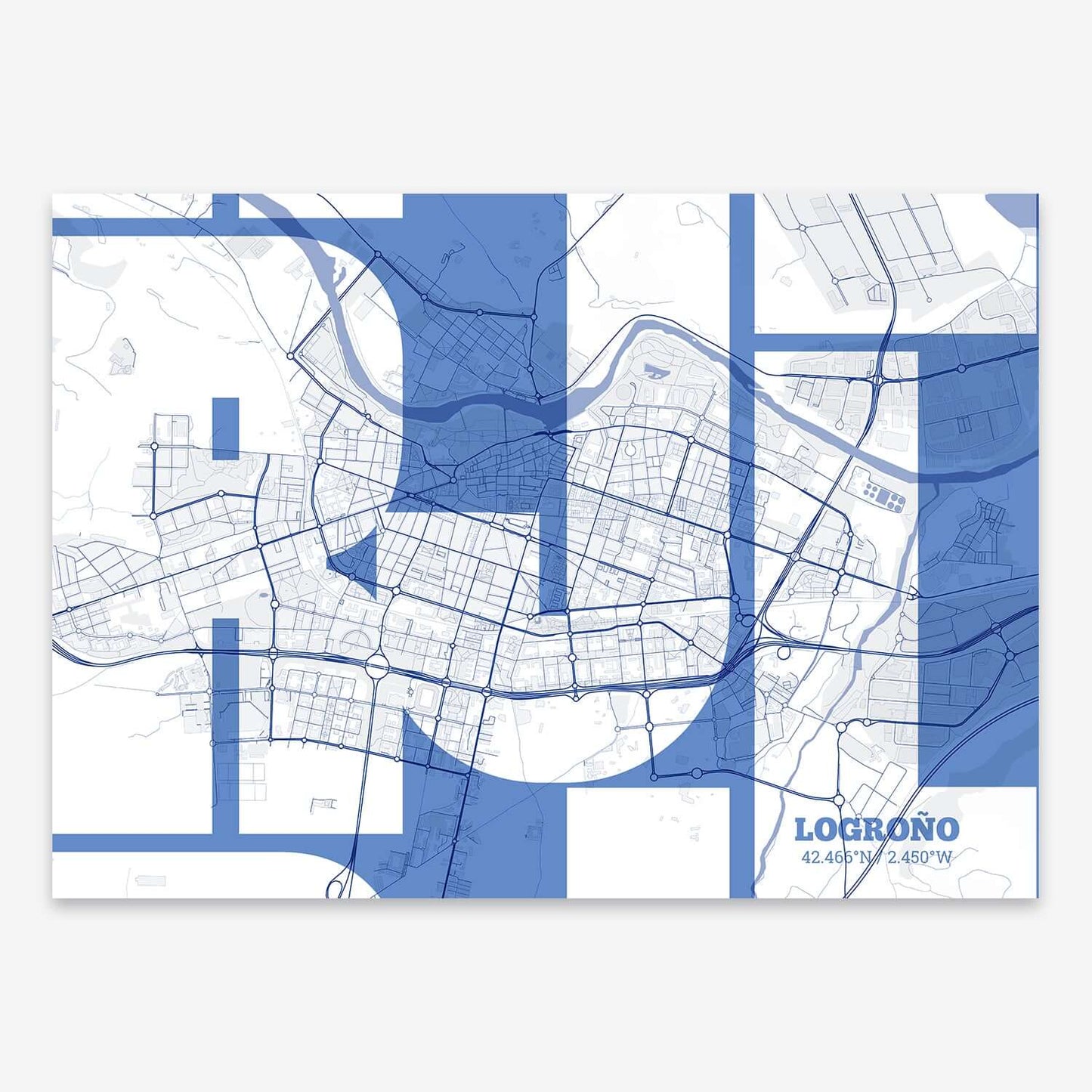 The map of Logrono composed with letters from its name or IATA code printed on navy blue and white