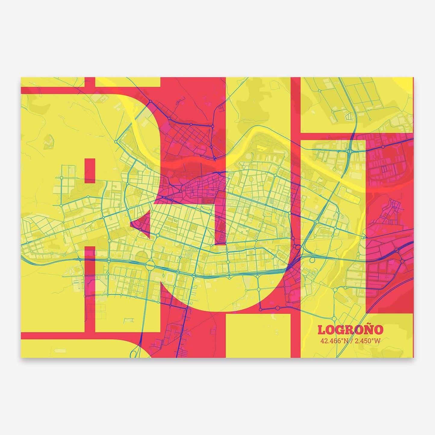 The map of Logrono composed with letters from its name or IATA code printed on yellow and fuchsia