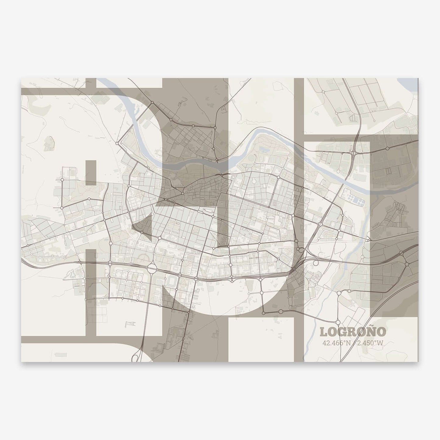 The map of Logrono composed with letters from its name or IATA code printed on light brown and an off-white background