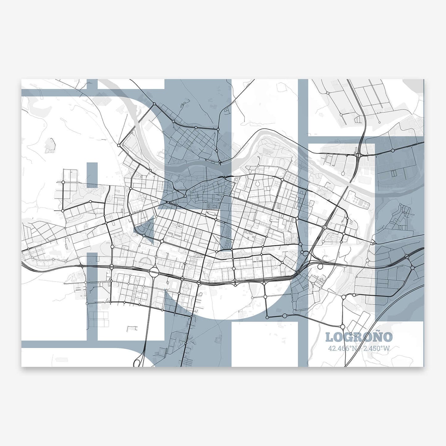 The map of Logrono composed with letters from its name or IATA code printed on black and white
