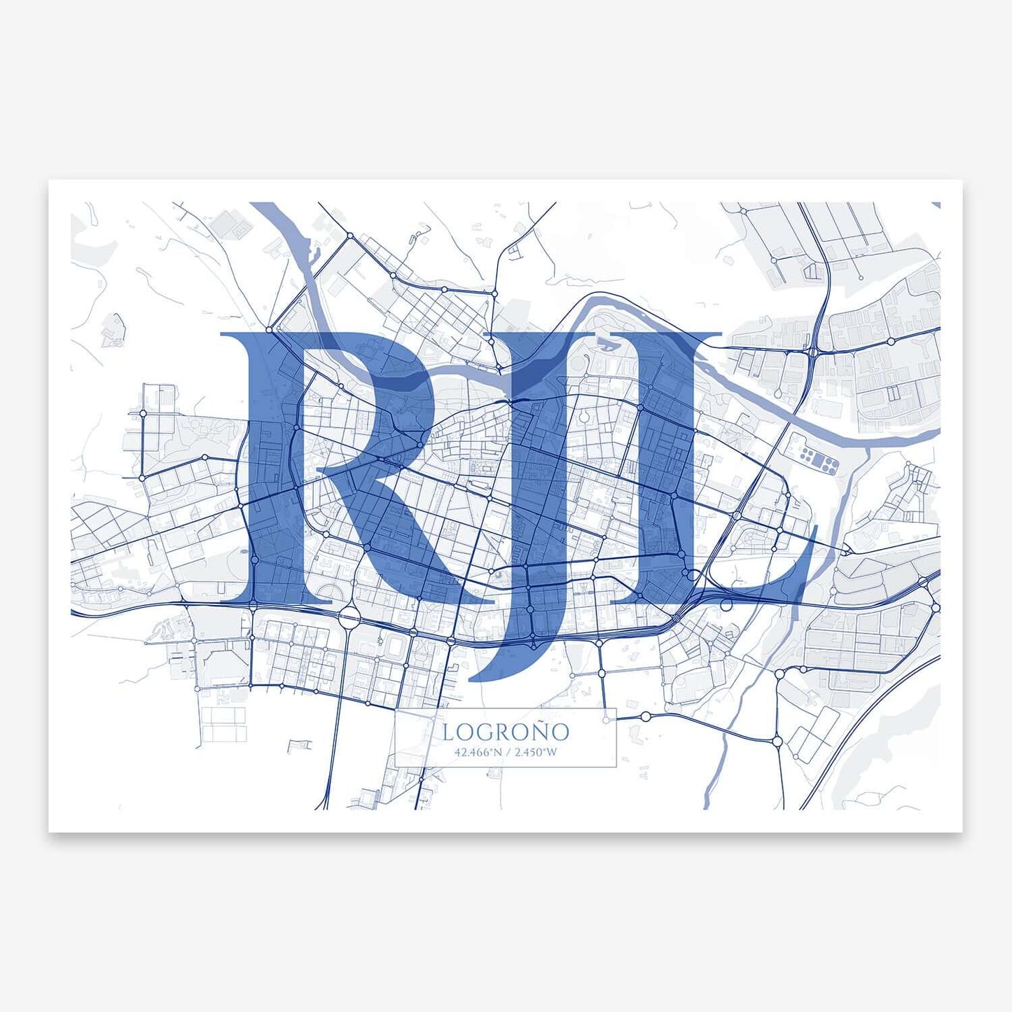 The map of Logrono composed with letters in serif font printed on navy blue and white