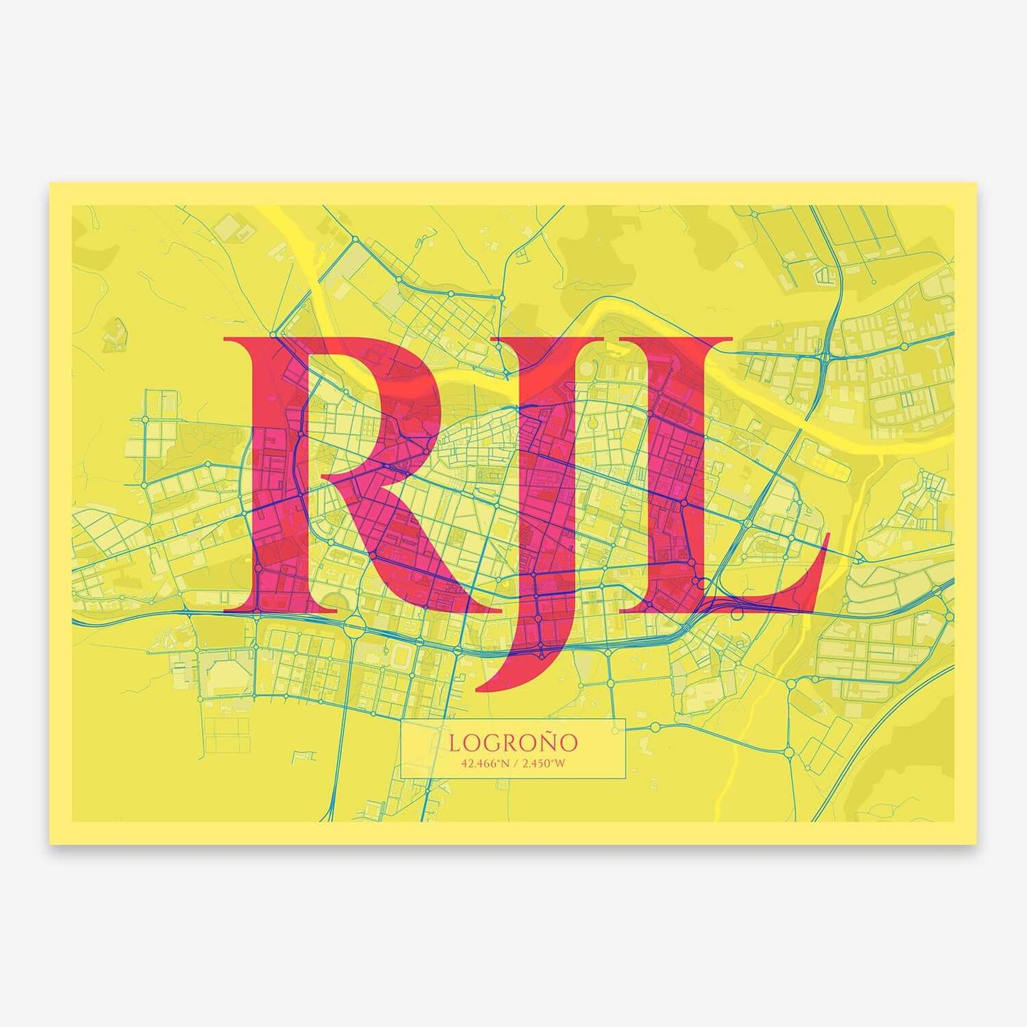 The map of Logrono composed with letters in serif font printed on yellow and fuchsia