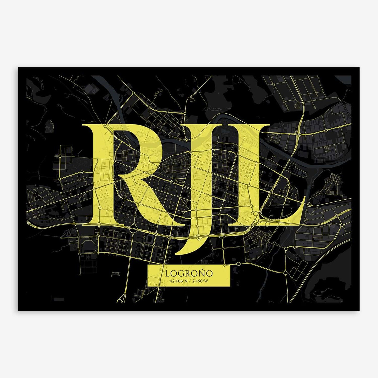 The map of Logrono composed with letters in serif font printed on black and yellow