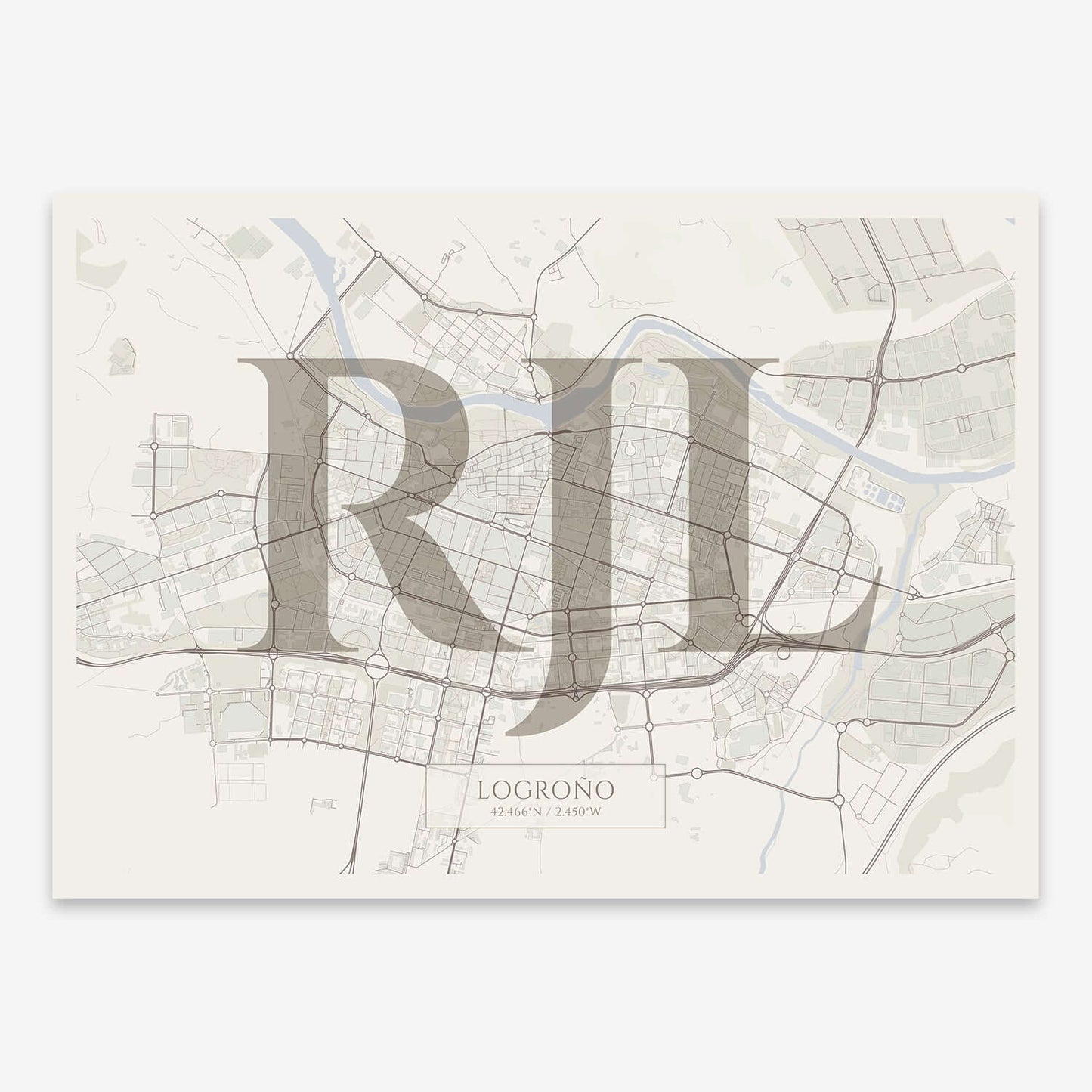 The map of Logrono composed with letters in serif font printed on light brown and an off-white background