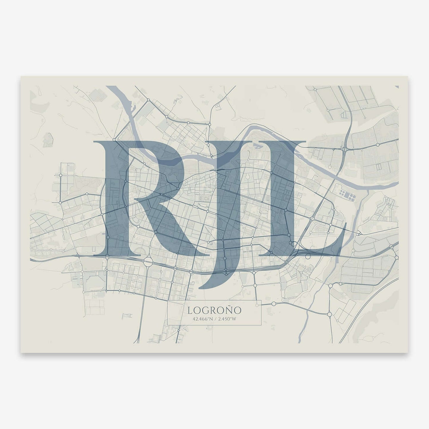 The map of Logrono composed with letters in serif font printed on bluish gray and an off-white background