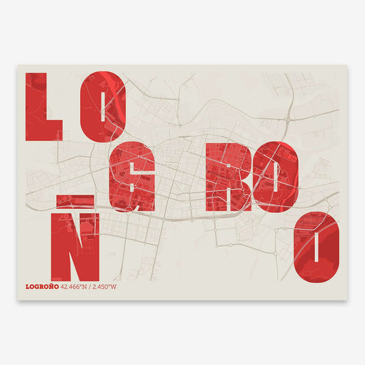 The map of Logrono with letters of its name placed randomly, designed in red and an off-white background