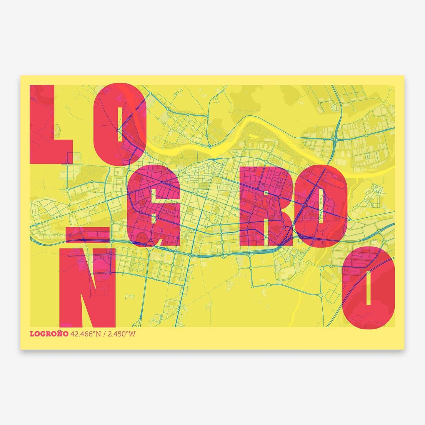The map of Logrono with letters of its name placed randomly, designed in yellow and fuchsia