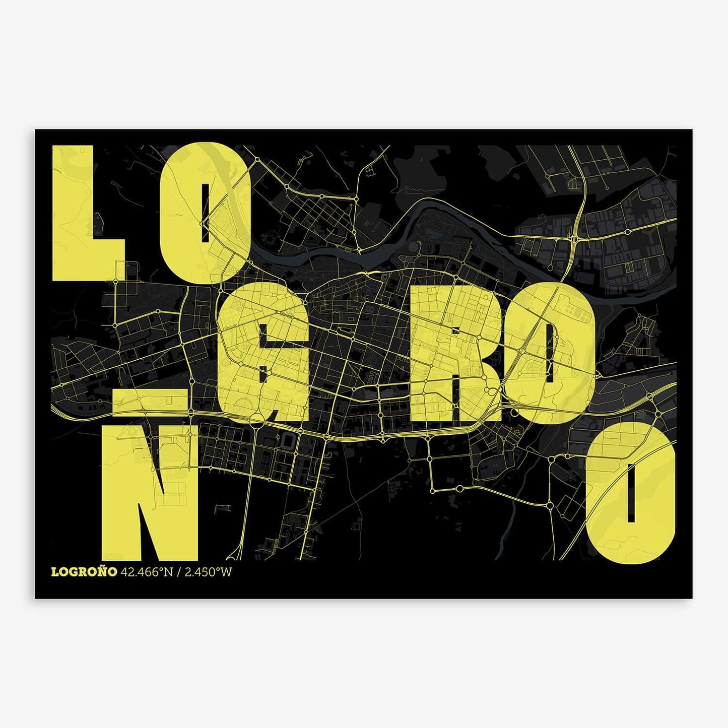 The map of Logrono with letters of its name placed randomly, designed in black and yellow