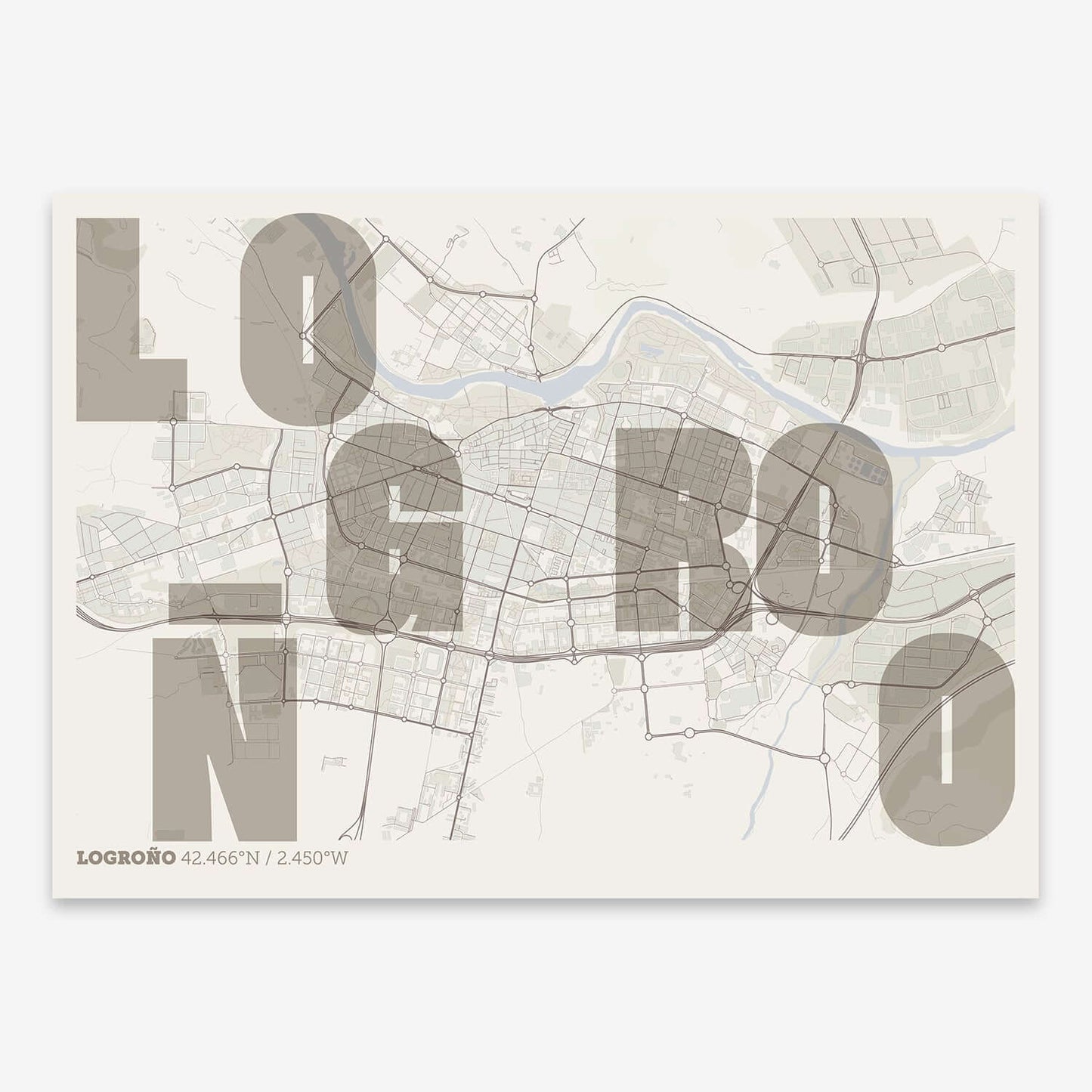 The map of Logrono with letters of its name placed randomly, designed in light brown and an off-white background
