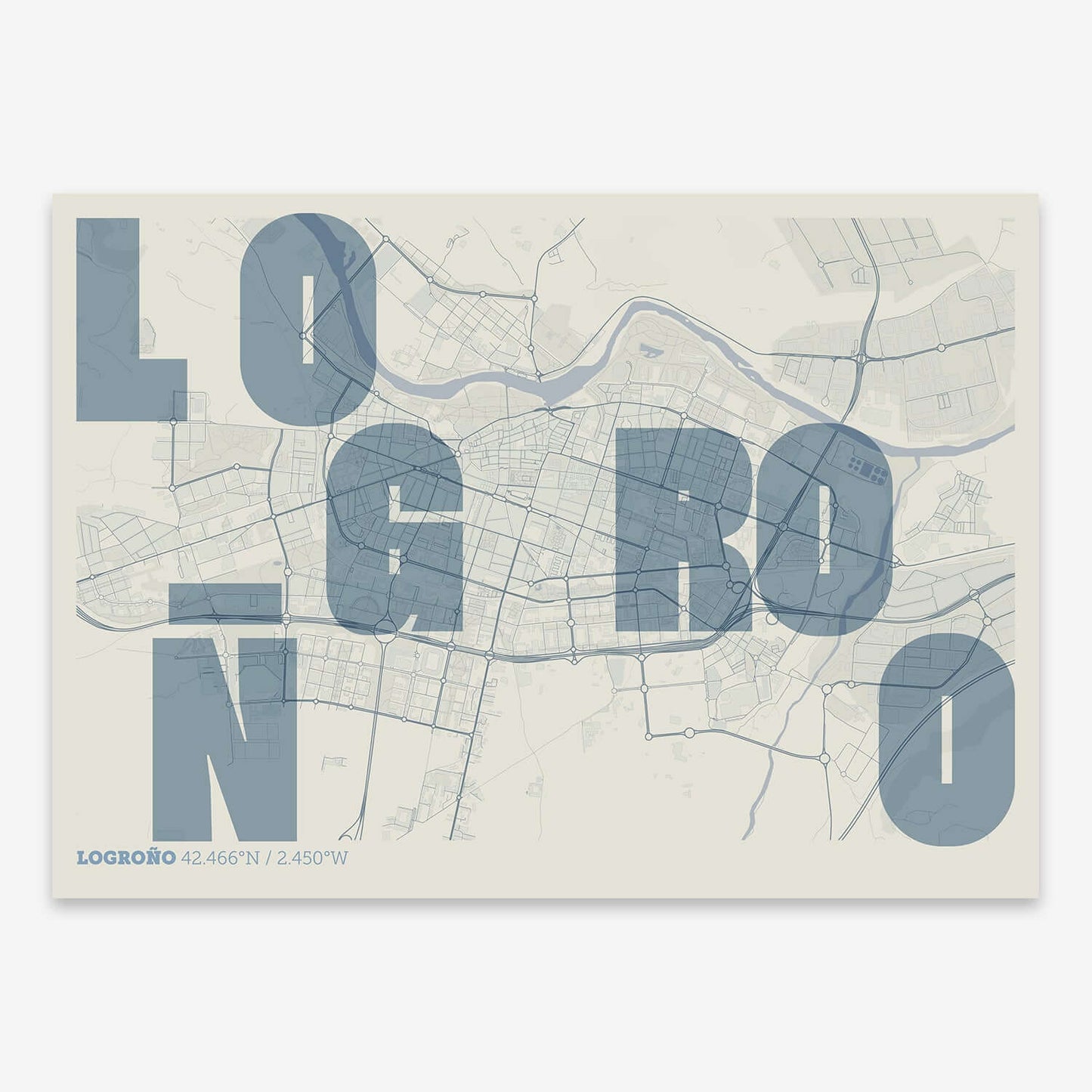 The map of Logrono with letters of its name placed randomly, designed in bluish gray and an off-white background