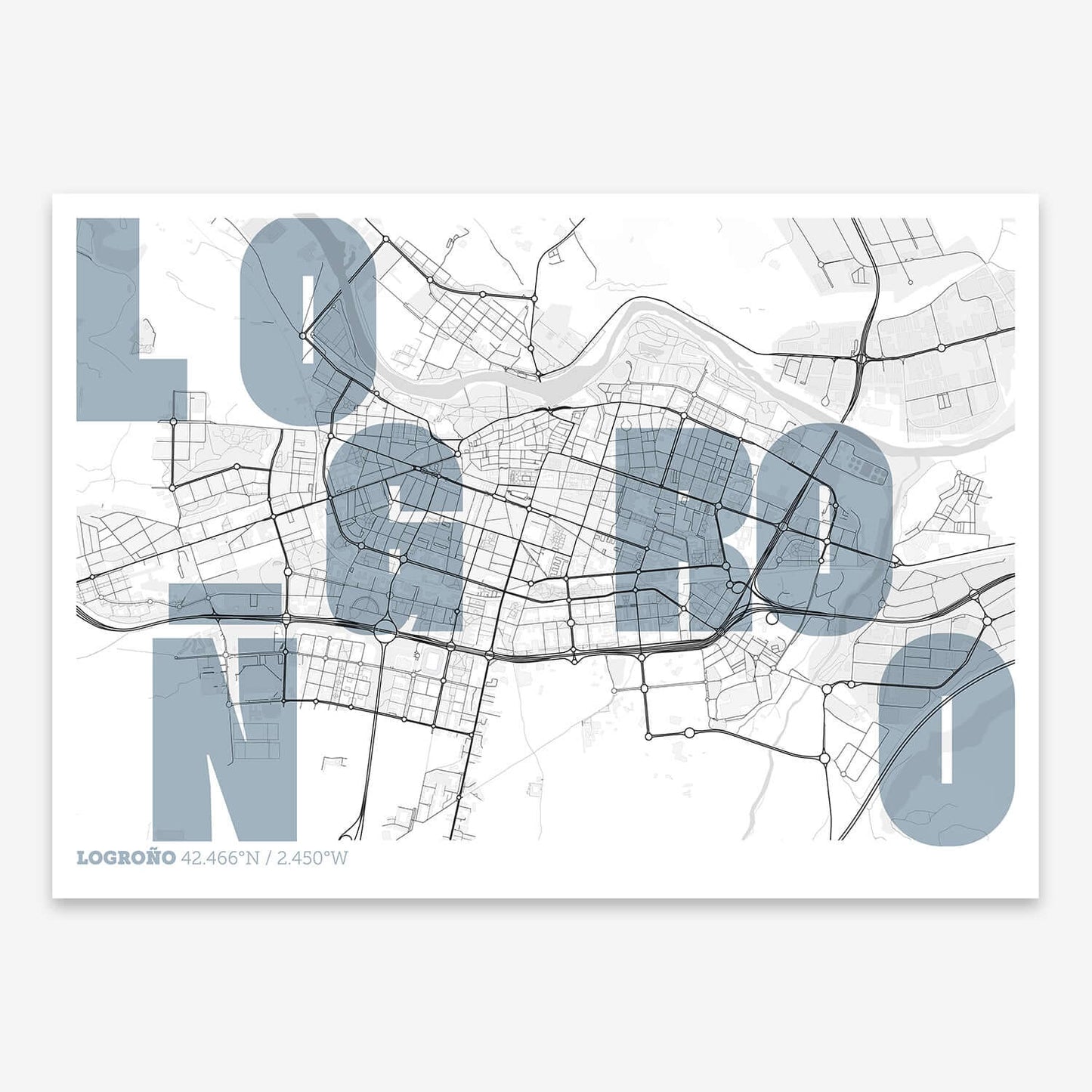 The map of Logrono with letters of its name placed randomly, designed in black and white
